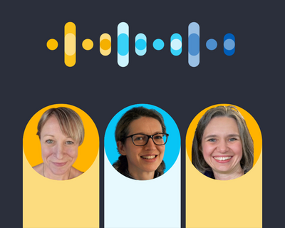 Headshot of Katie,Bev and Sarah against Genomics England brand colours