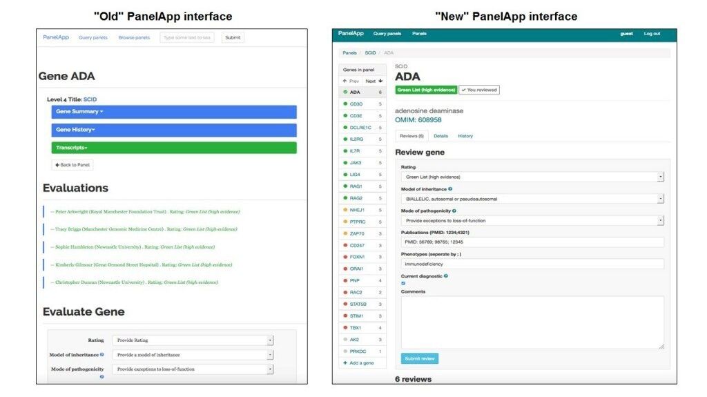 Screenshots of old and new Genomics England PanelApp interface