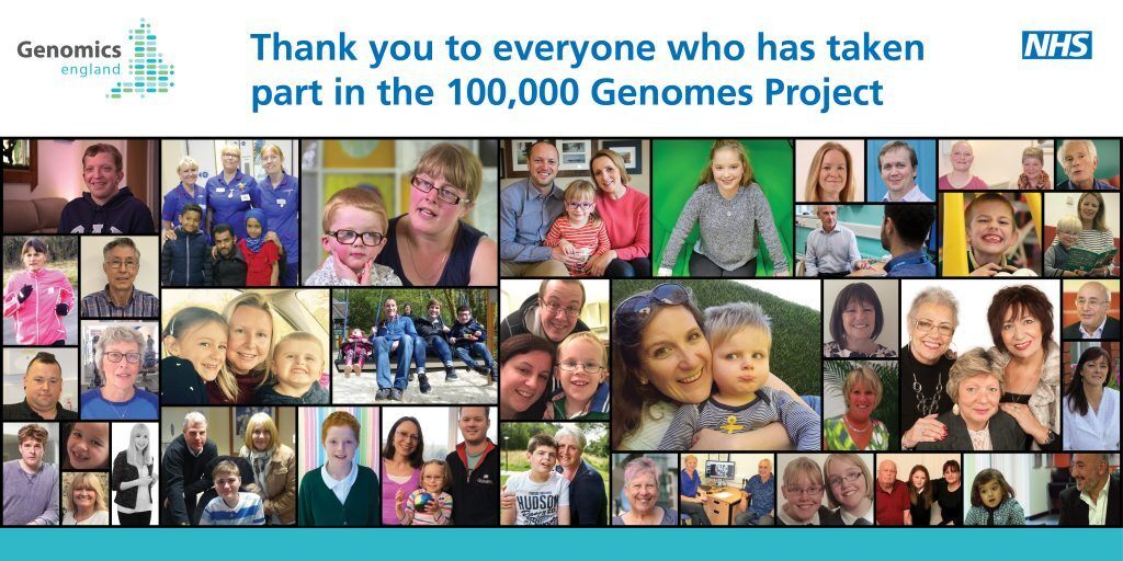 Collage of multiple families with title "Thank you to everyone who has taken part in the 100,000 Genomes Project"