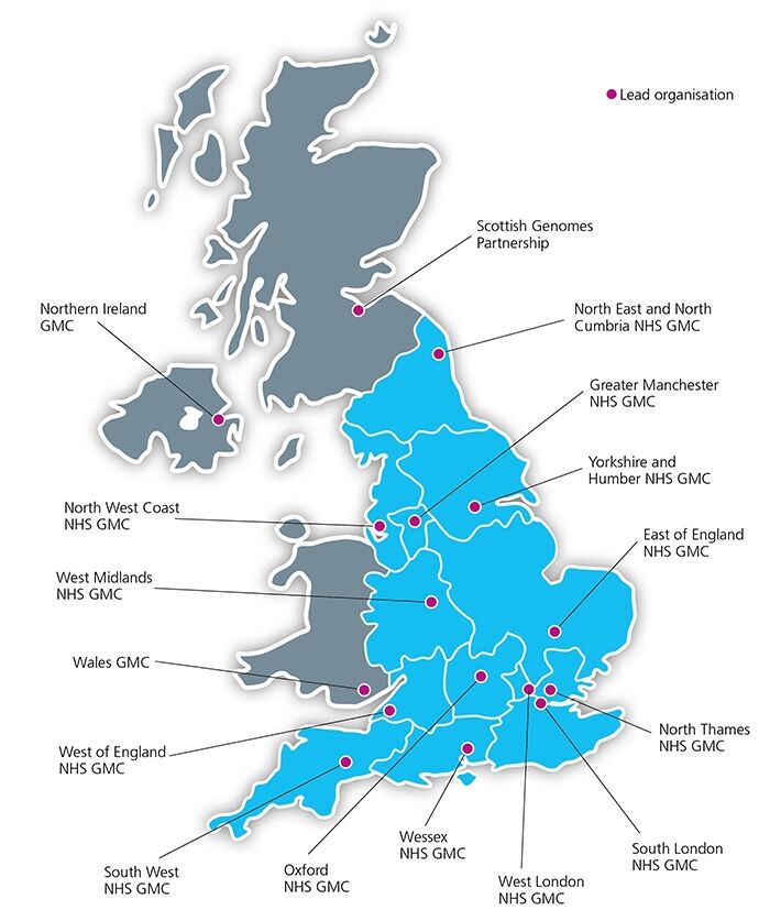 UK Map showing the locations of the Genomic Medicine Centres