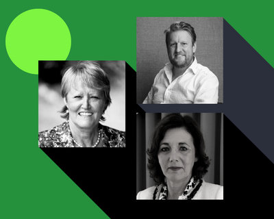Headshot of Sue Hill, Chris Wigley and Vivienne Parry on green background