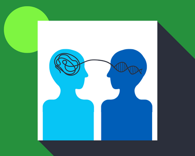 Illustration of two people, one passing a thread of thought to another, that forms a double helix in their head